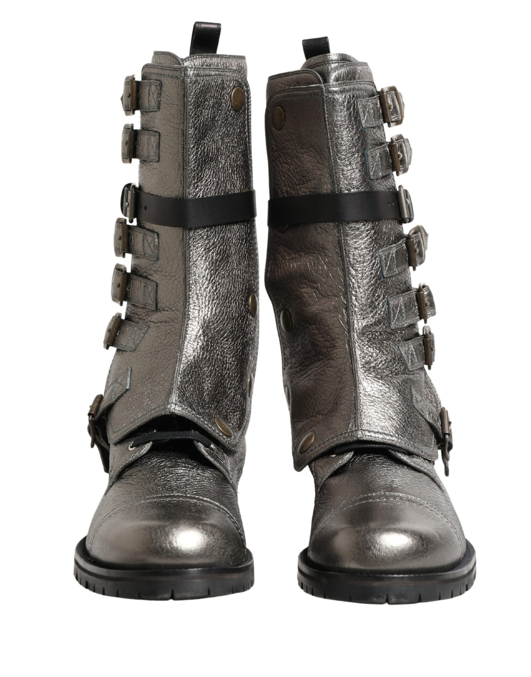 Dolce &amp; Gabbana Metallic Silver Combat Biker Mid Calf Boots Shoes