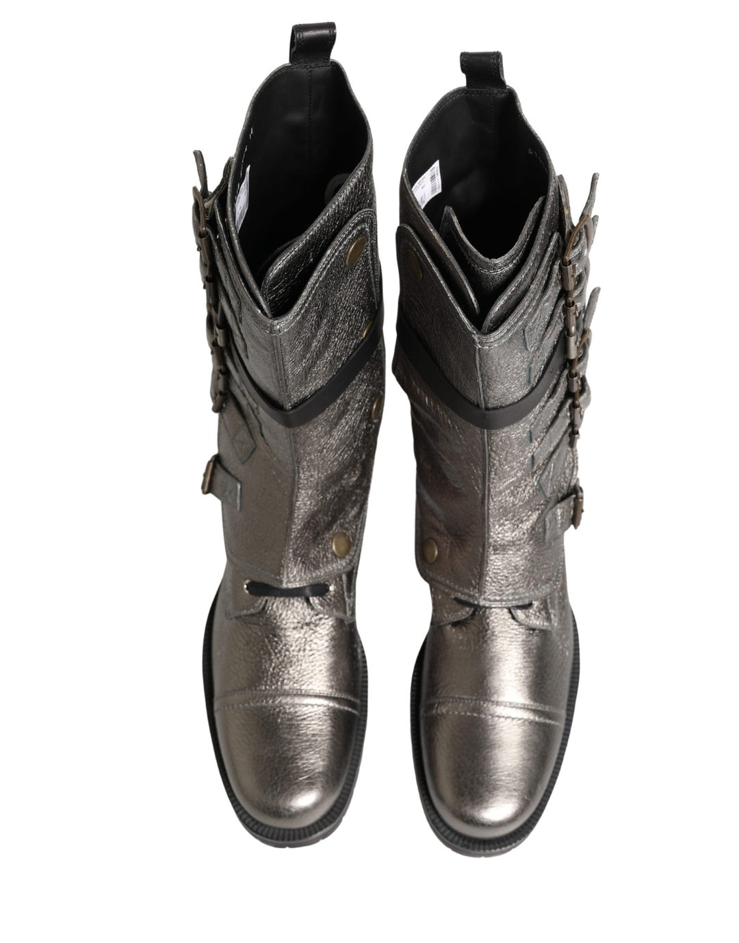 Dolce &amp; Gabbana Metallic Silver Combat Biker Mid Calf Boots Shoes
