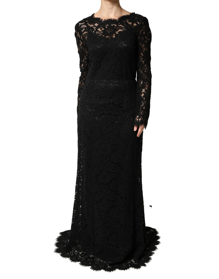 Dolce &amp; Gabbana Black Lace Long Sleeves Cotton Maxi Dress