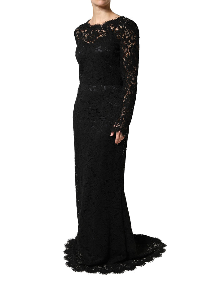 Dolce &amp; Gabbana Black Lace Long Sleeves Cotton Maxi Dress