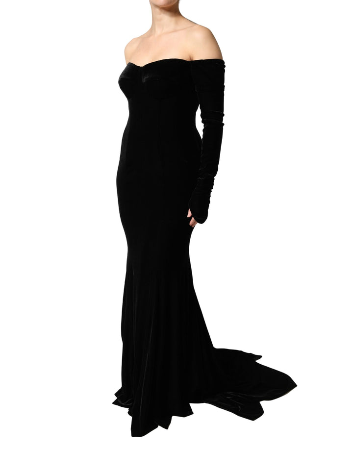 Dolce &amp; Gabbana Black Off Shoulder Bodycon Long Gown Dress