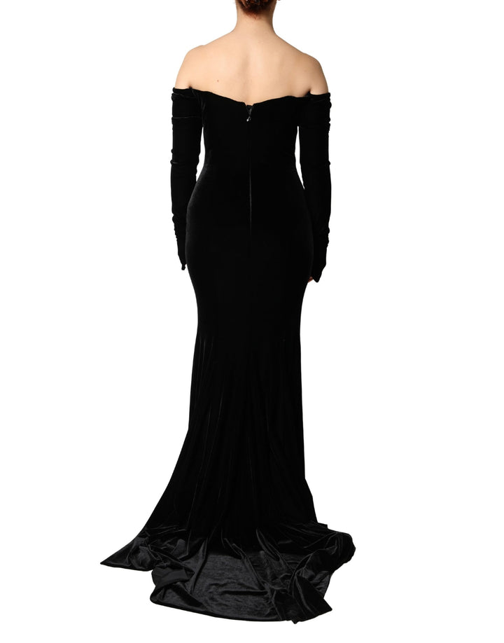 Dolce &amp; Gabbana Black Off Shoulder Bodycon Long Gown Dress