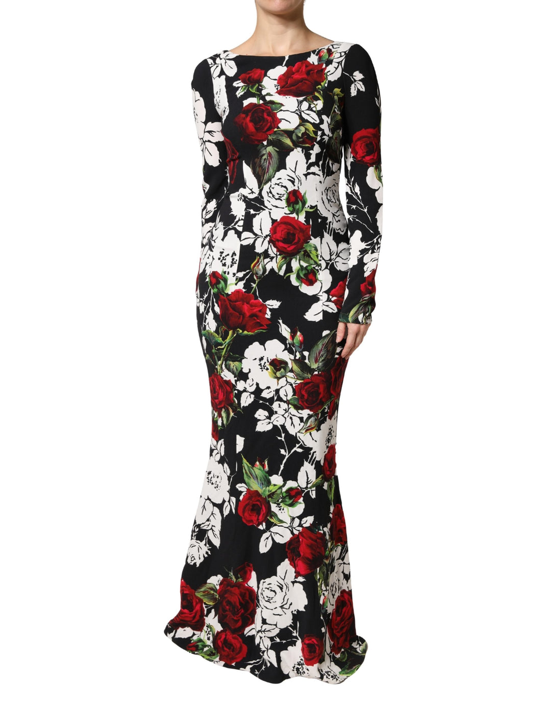 Dolce &amp; Gabbana Black Floral Viscose Bodycon Long Gown Dress