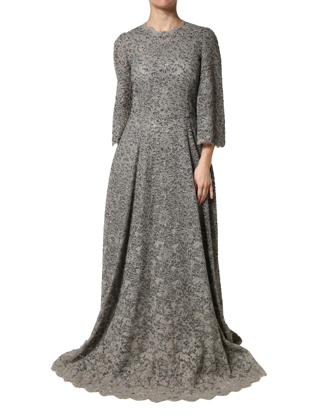 Dolce &amp; Gabbana Gray Lace Long Sleeves Cotton Maxi Dress
