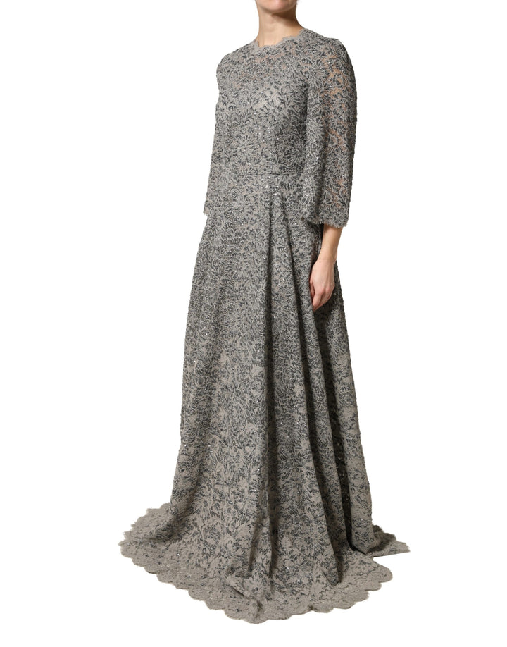 Dolce &amp; Gabbana Gray Lace Long Sleeves Cotton Maxi Dress