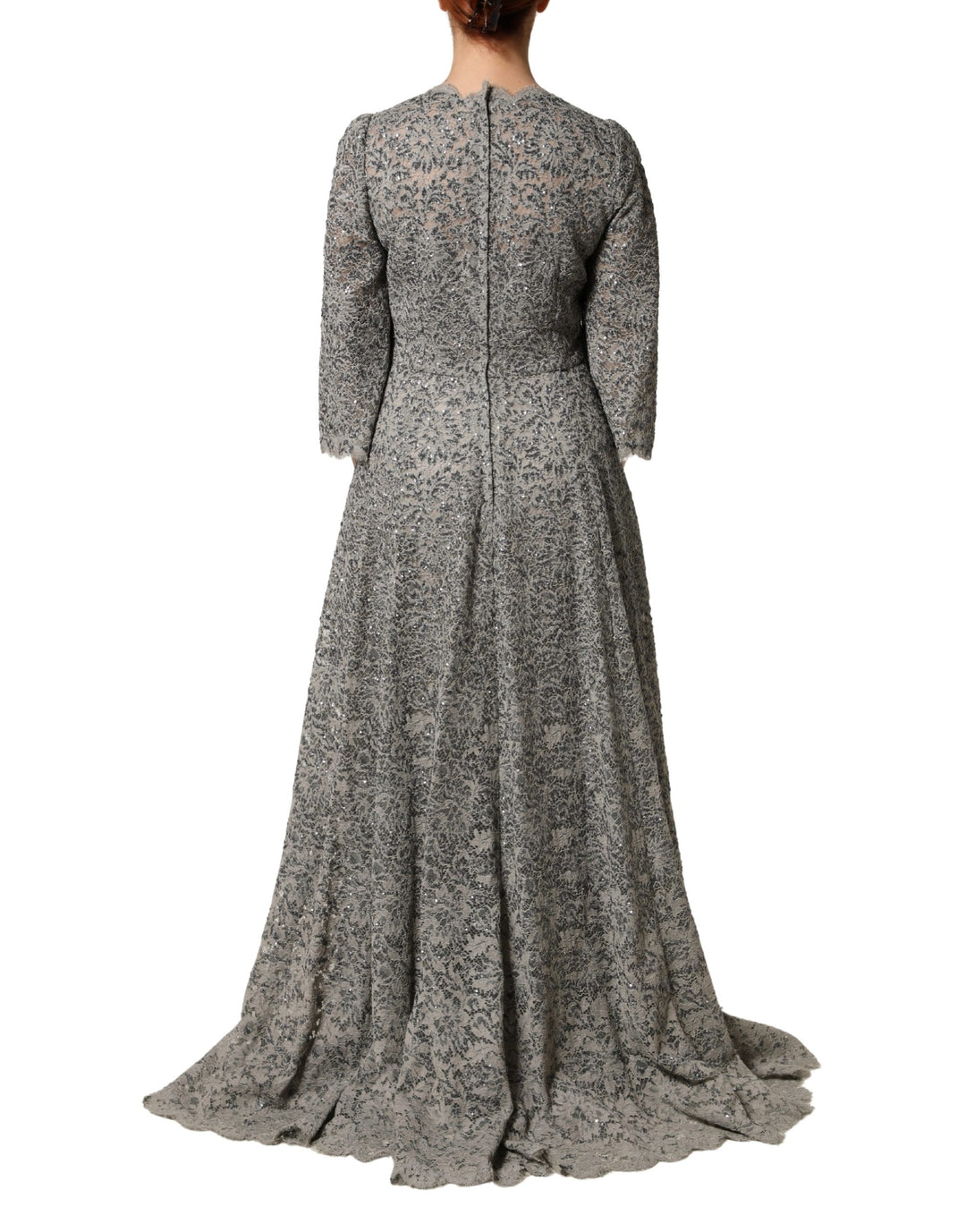 Dolce &amp; Gabbana Gray Lace Long Sleeves Cotton Maxi Dress