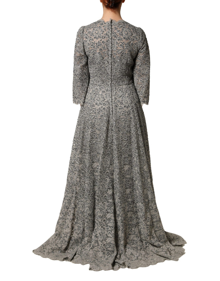 Dolce &amp; Gabbana Gray Lace Long Sleeves Cotton Maxi Dress