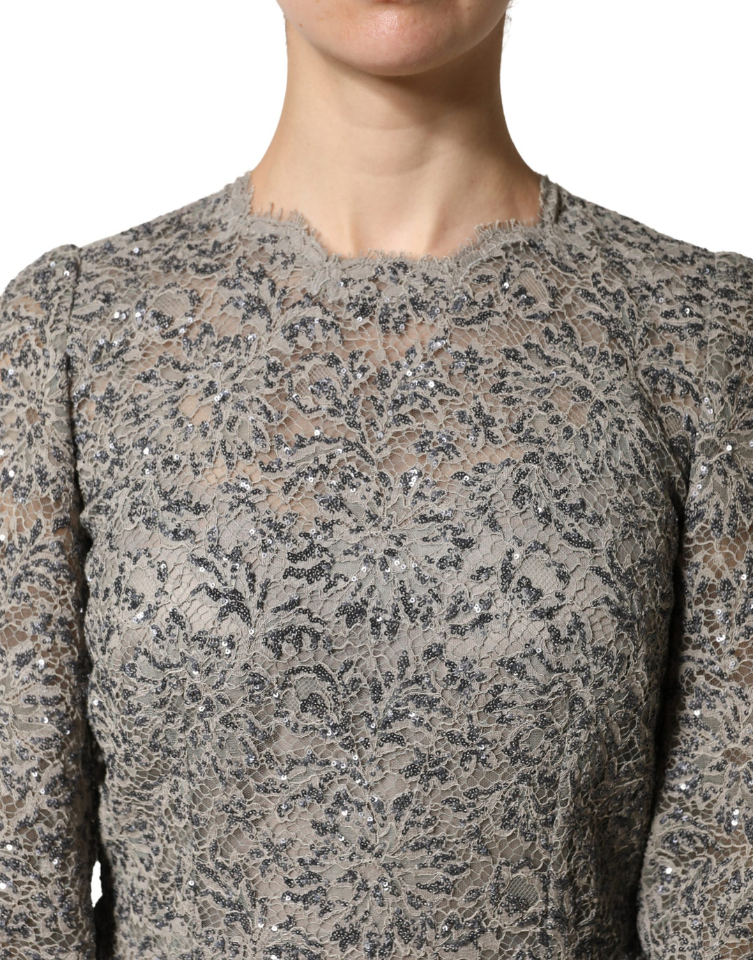 Dolce &amp; Gabbana Gray Lace Long Sleeves Cotton Maxi Dress