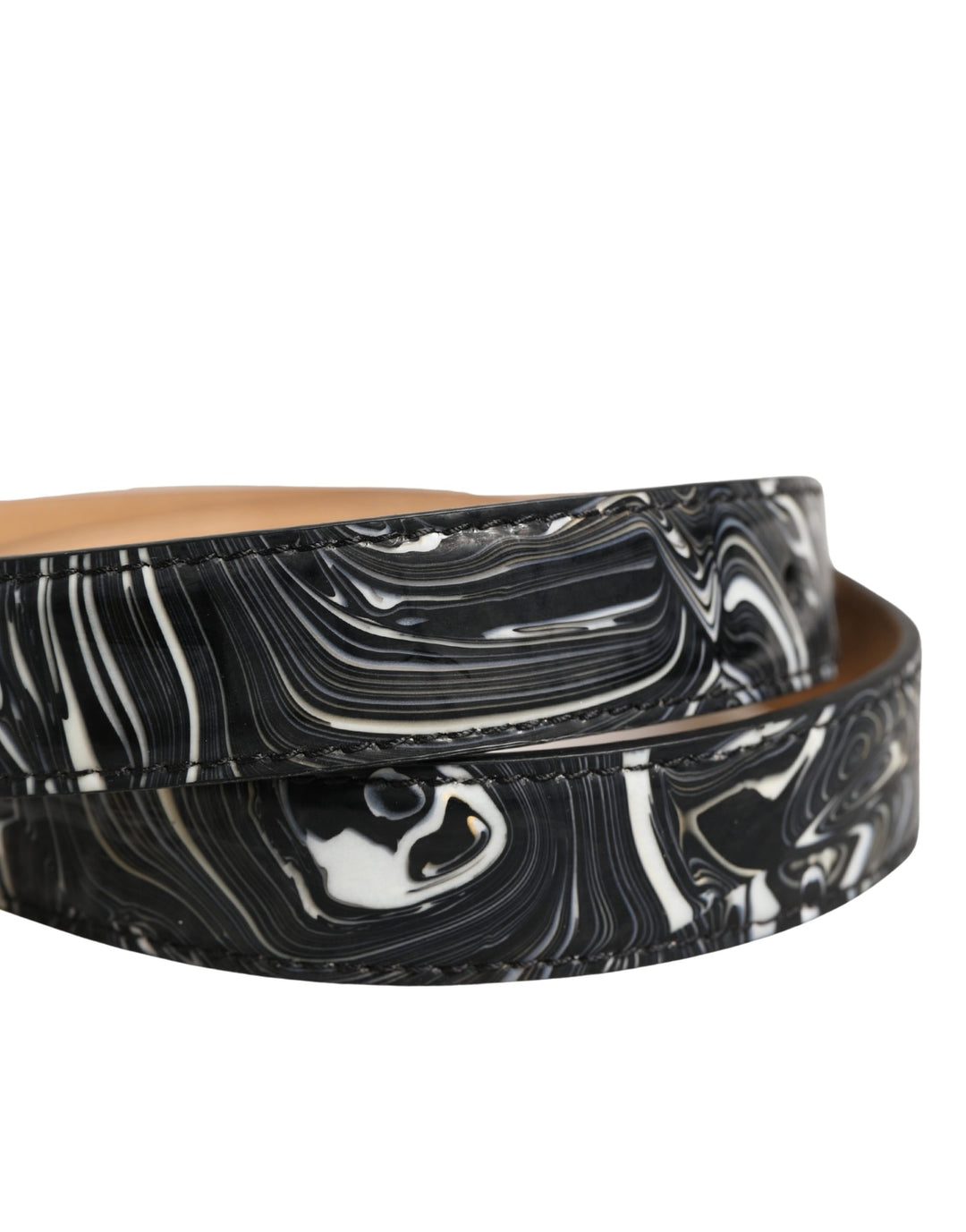 Dolce &amp; Gabbana Men Black Marble Leather Metal Buckle Belt