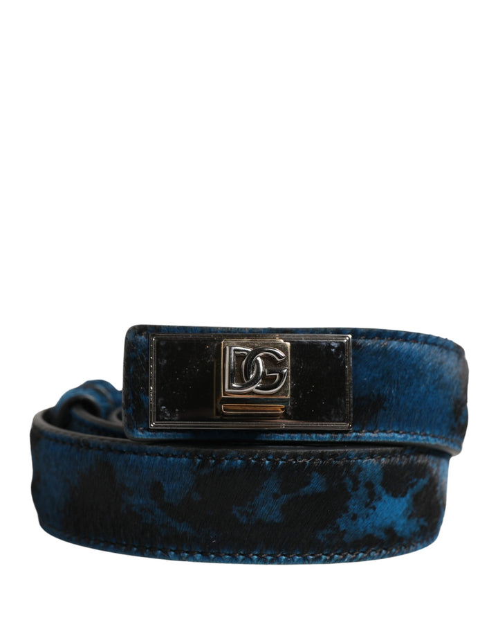 Dolce &amp; Gabbana Men Blue Calf Leather Logo Metal Buckle Belt