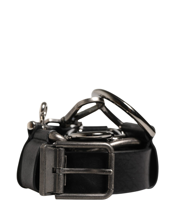 Dolce &amp; Gabbana Black Calf Leather Silver Metal Buckle Belt
