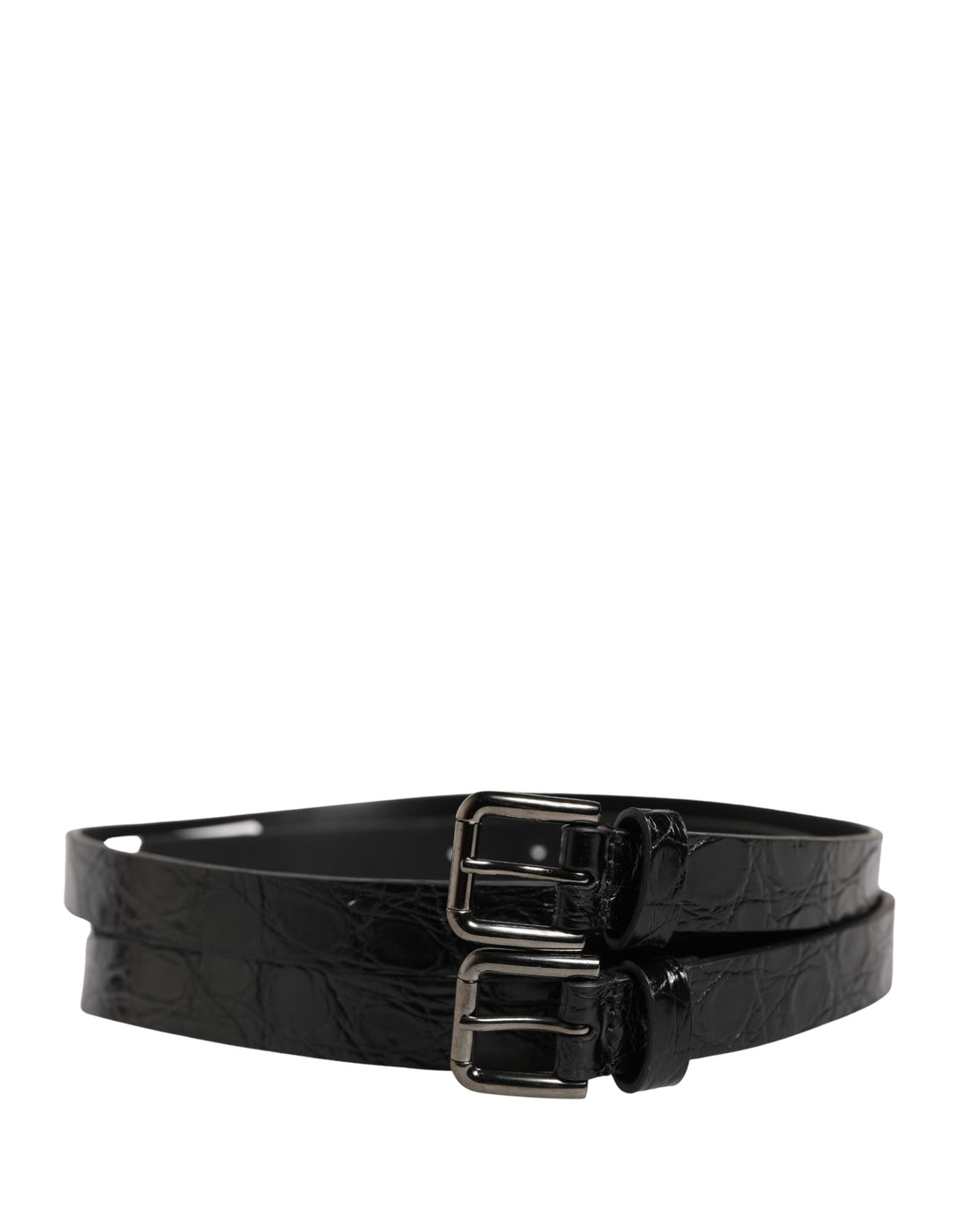 Dolce &amp; Gabbana Black Double Strap Leather Silver Buckle Belt
