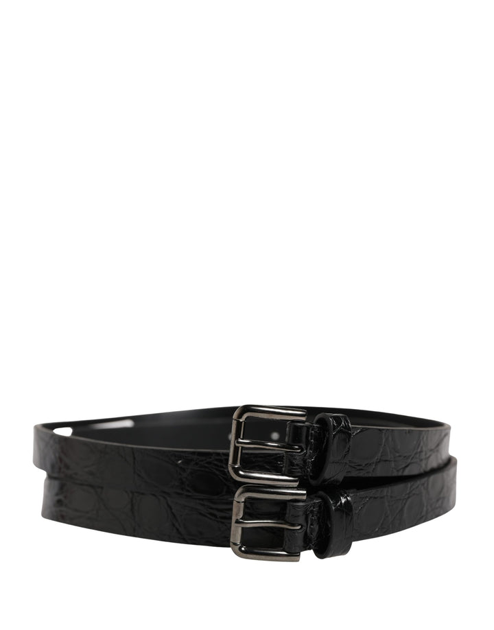 Dolce &amp; Gabbana Black Double Strap Leather Silver Buckle Belt