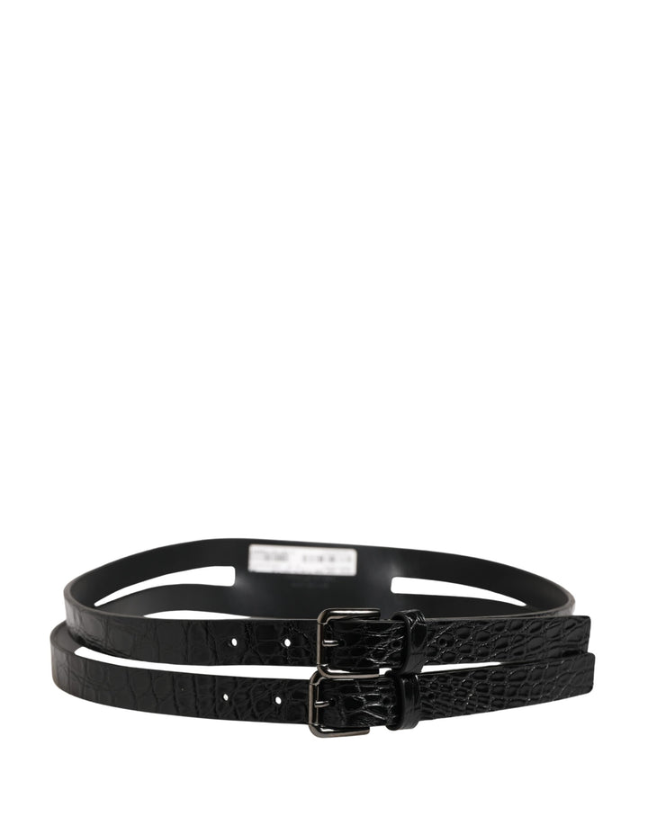Dolce &amp; Gabbana Black Double Strap Leather Silver Buckle Belt