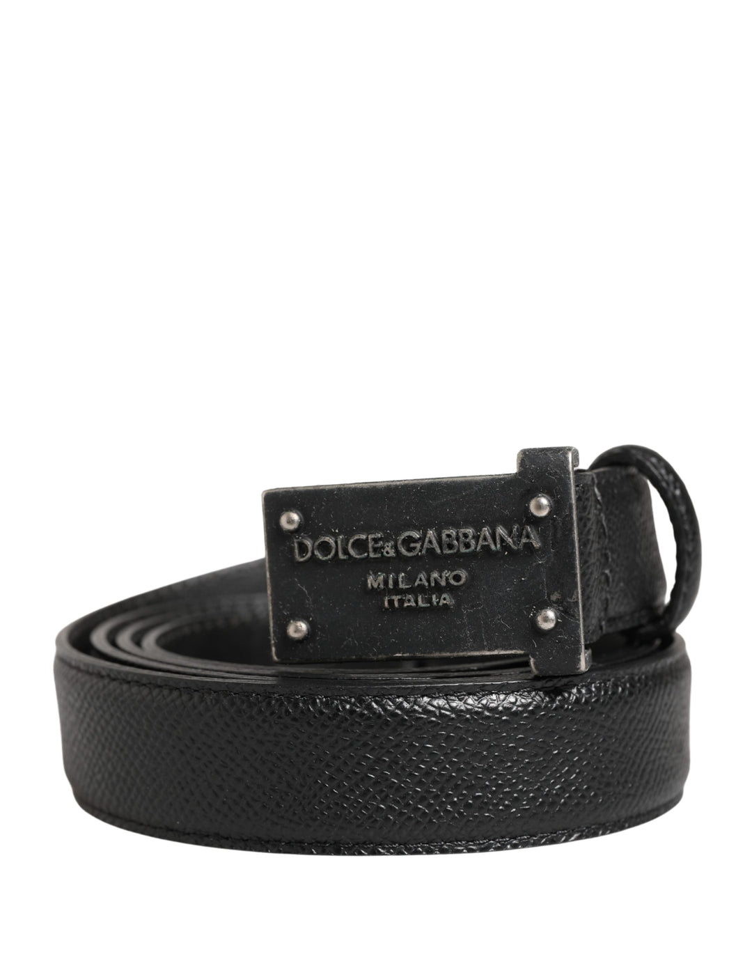 Dolce &amp; Gabbana Men Black Calf Leather Logo Metal Buckle Belt