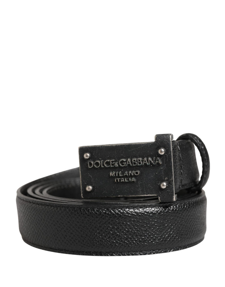Dolce &amp; Gabbana Men Black Calf Leather Logo Metal Buckle Belt
