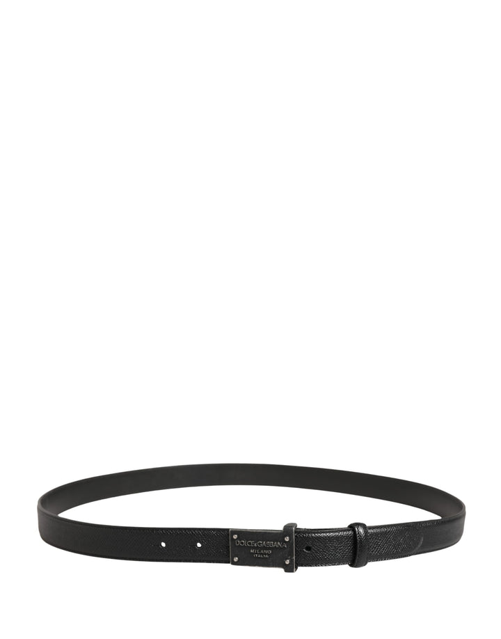 Dolce &amp; Gabbana Men Black Calf Leather Logo Metal Buckle Belt