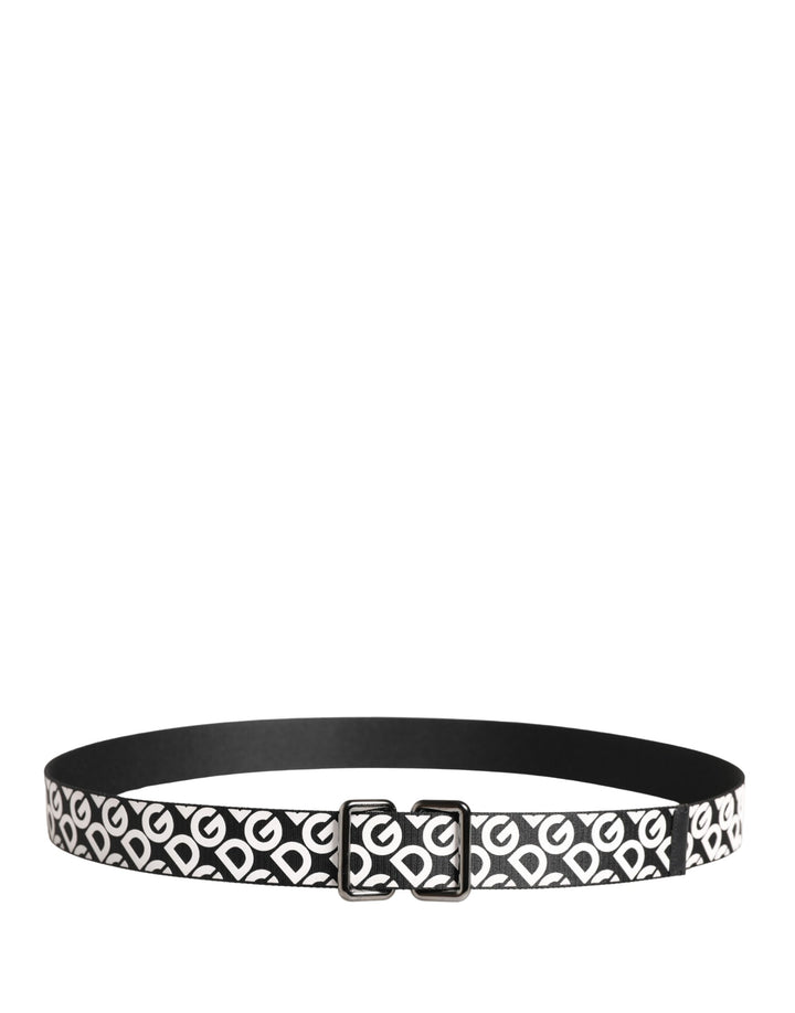 Dolce &amp; Gabbana White Black Logo Leather Metal Buckle Belt