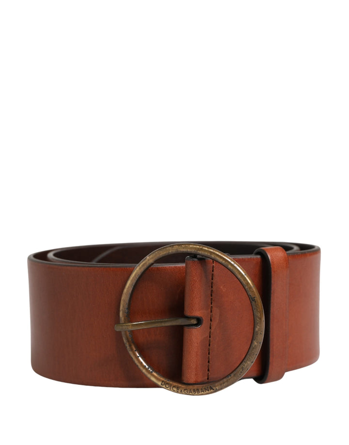 Dolce &amp; Gabbana Men Brown Leather Wide Waist Metal Round Buckle Belt