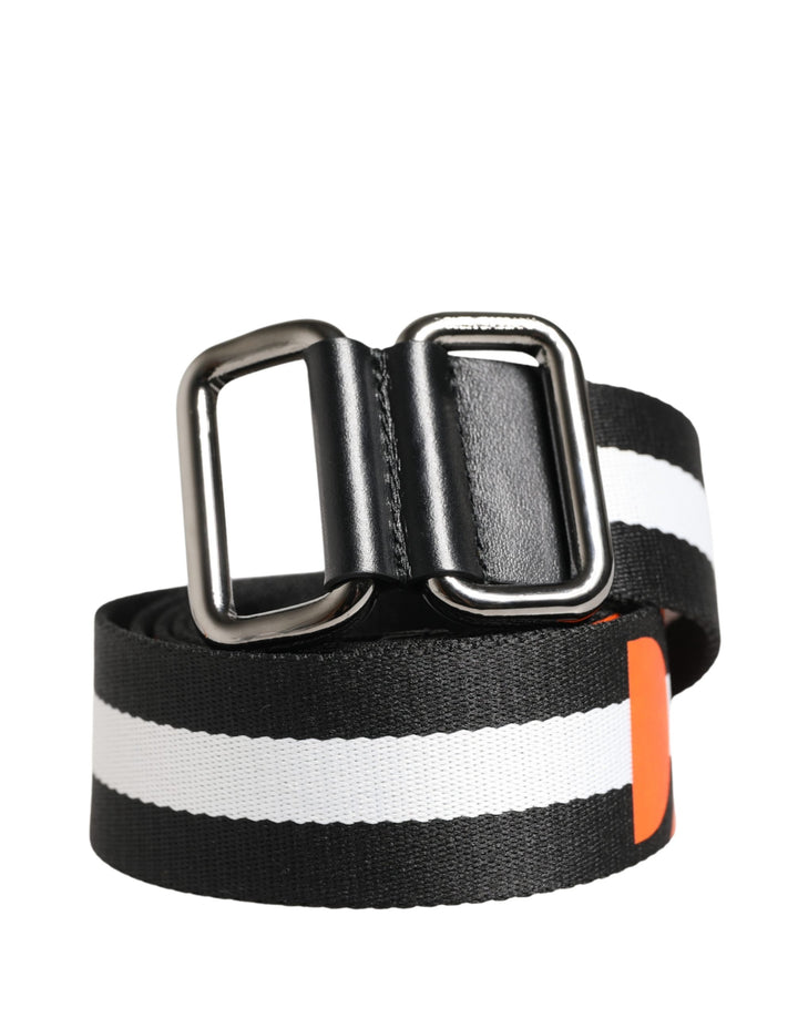 Dolce &amp; Gabbana Men Black White Nylon Logo Metal Buckle Belt