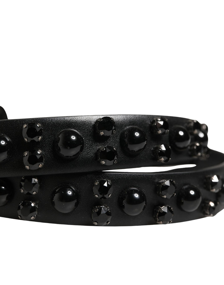 Dolce &amp; Gabbana Men Black Calf Embellished Metal Buckle Belt