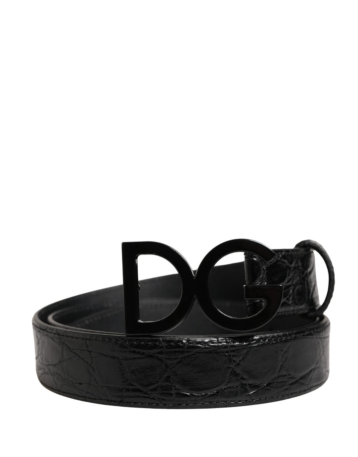 Dolce &amp; Gabbana Men Black Exotic Leather Logo Buckle Belt