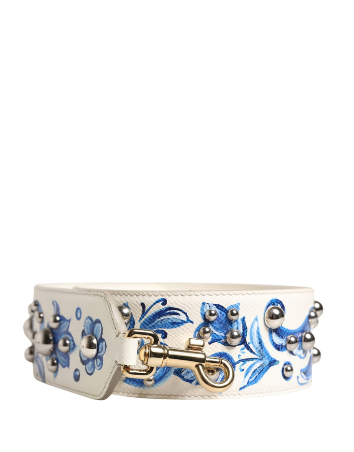 Dolce &amp; Gabbana White Blue Floral Leather Stud Accessory Shoulder Strap