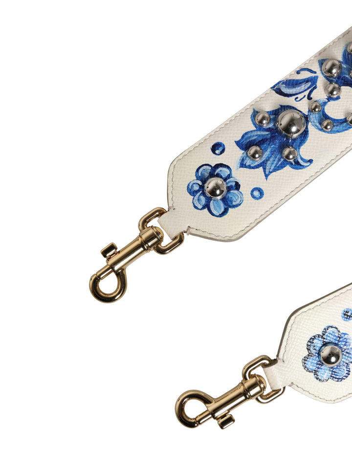 Dolce &amp; Gabbana White Blue Floral Leather Stud Accessory Shoulder Strap