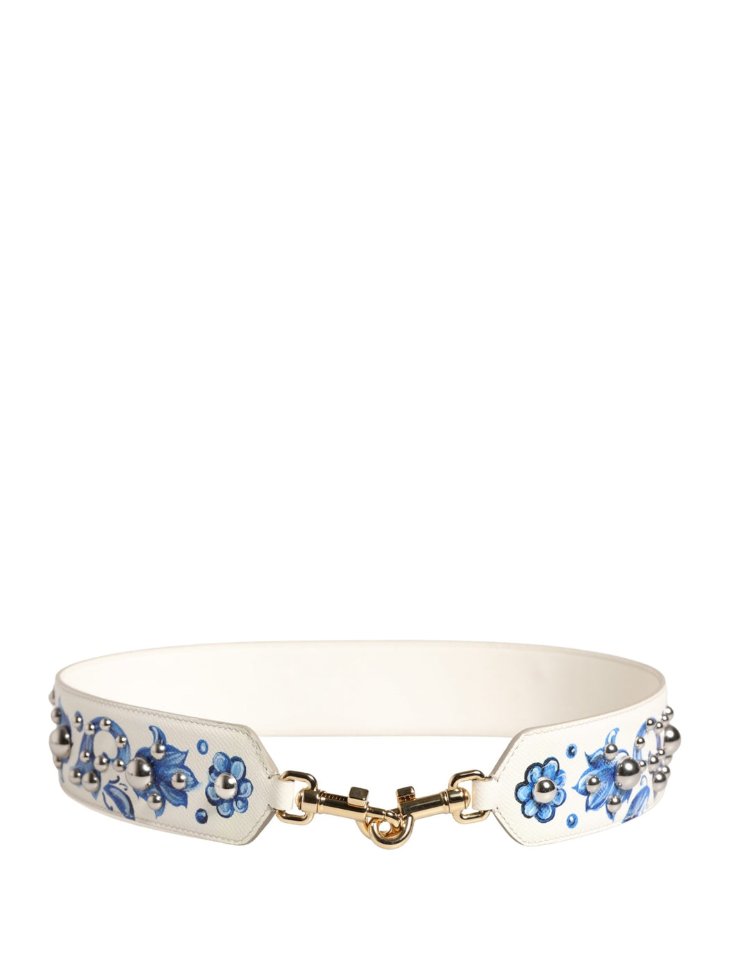 Dolce &amp; Gabbana White Blue Floral Leather Stud Accessory Shoulder Strap
