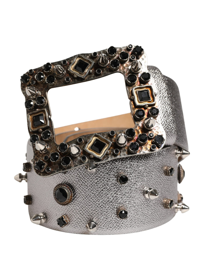 Dolce &amp; Gabbana Silver Leather Crystal Metal Buckle Belt