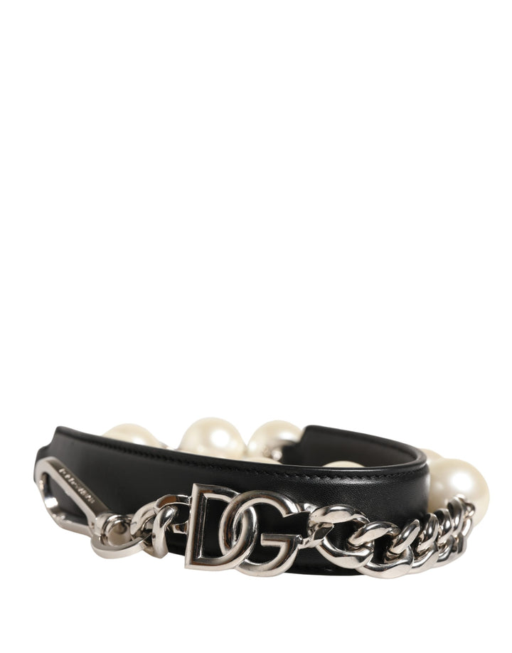 Dolce &amp; Gabbana Black Leather Silver Chain Bag Accessory Shoulder Strap