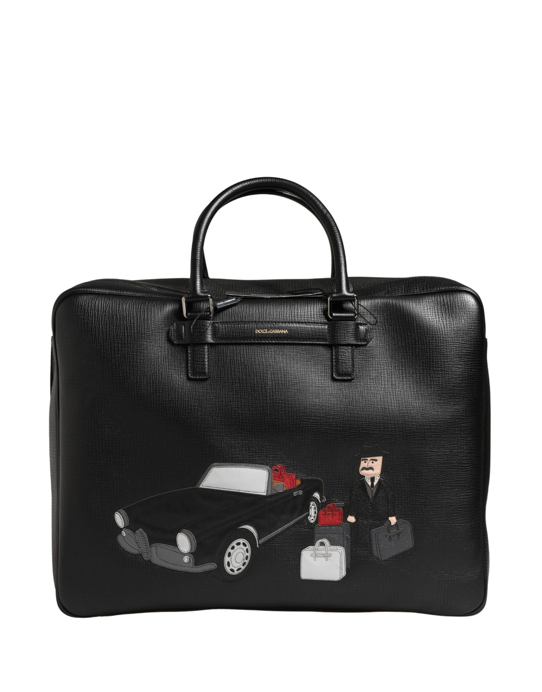 Dolce &amp; Gabbana Black Car Man Applique Leather Weekender Borse Bag