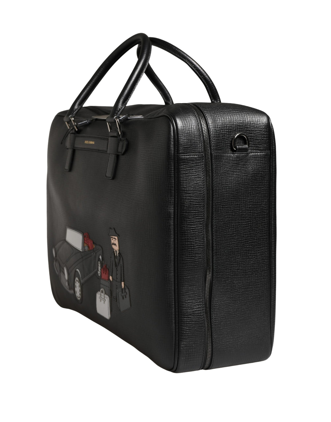 Dolce &amp; Gabbana Black Car Man Applique Leather Weekender Borse Bag