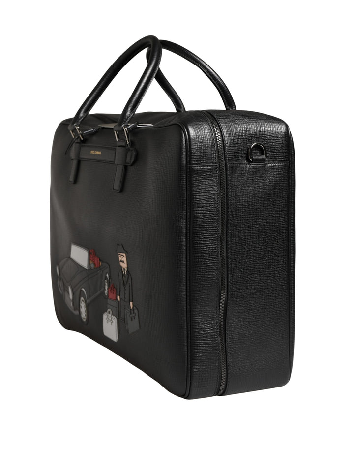 Dolce &amp; Gabbana Black Car Man Applique Leather Weekender Borse Bag