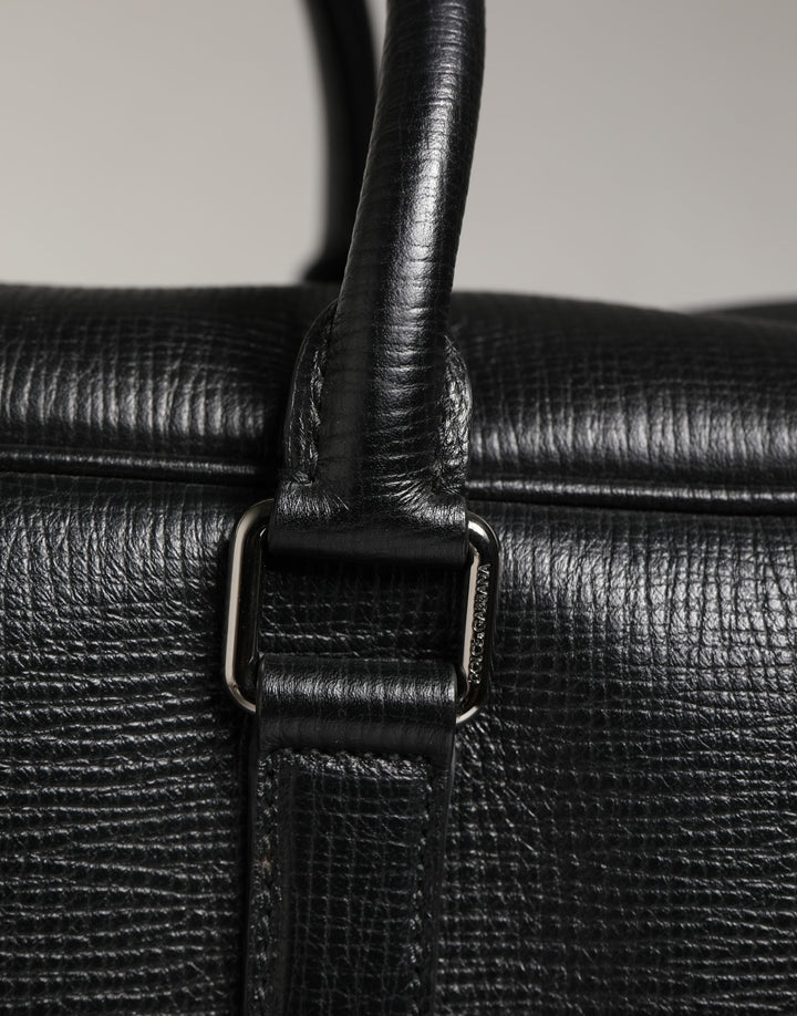 Dolce &amp; Gabbana Black Car Man Applique Leather Weekender Borse Bag