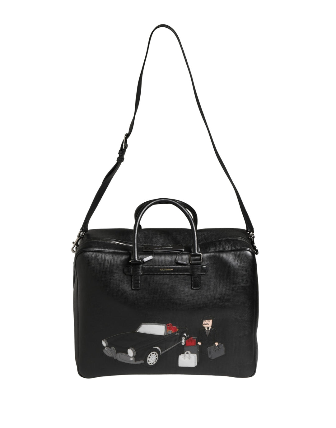 Dolce &amp; Gabbana Black Car Man Applique Leather Weekender Borse Bag