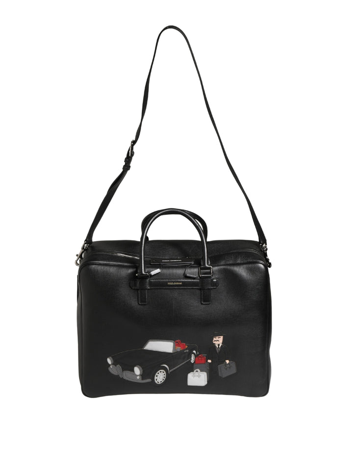 Dolce &amp; Gabbana Black Car Man Applique Leather Weekender Borse Bag