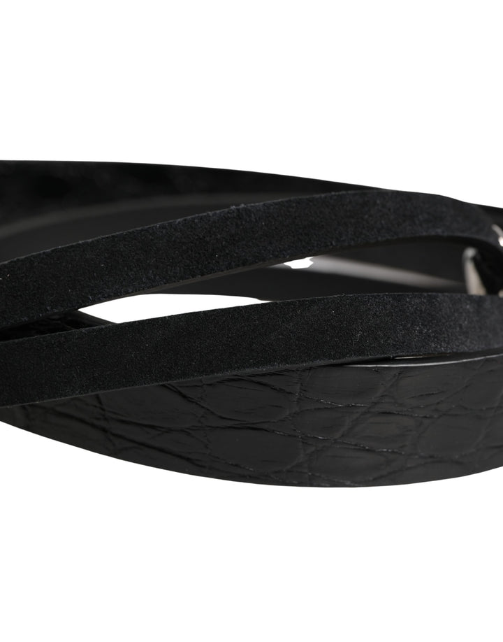 Dolce &amp; Gabbana Black Exotic Leather Silver Metal Buckle Belt