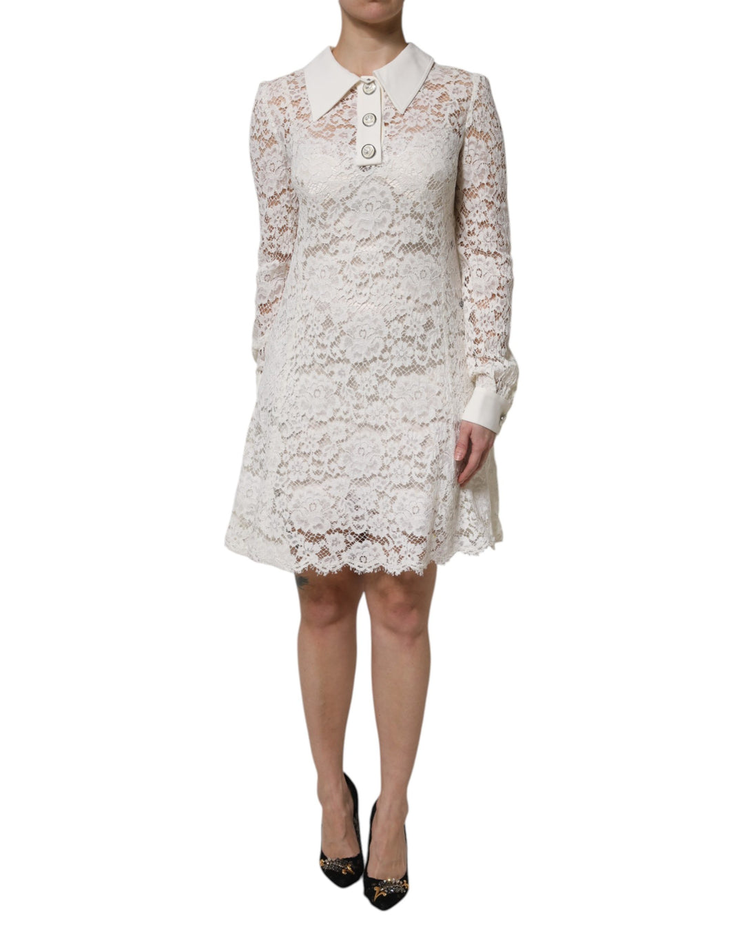 Dolce &amp; Gabbana White Floral Lace Viscose Collared Mini Dress