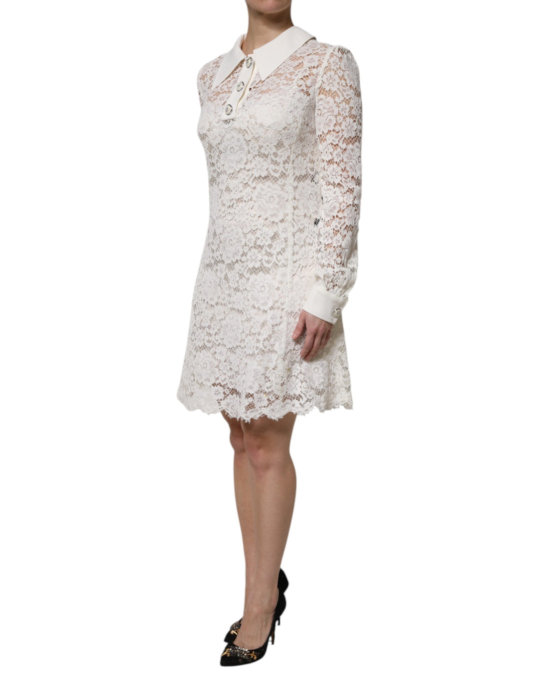 Dolce &amp; Gabbana White Floral Lace Viscose Collared Mini Dress
