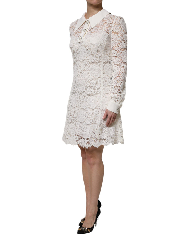 Dolce &amp; Gabbana White Floral Lace Viscose Collared Mini Dress
