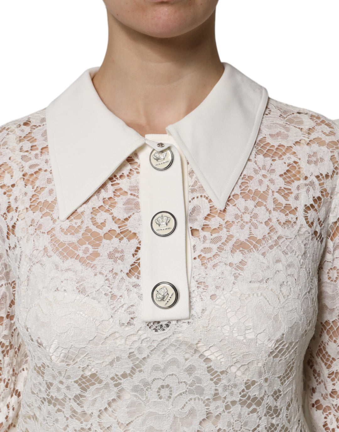 Dolce &amp; Gabbana White Floral Lace Viscose Collared Mini Dress