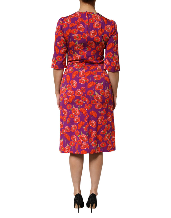 Dolce &amp; Gabbana Purple Silk Floral Print Midi Sheath Dress