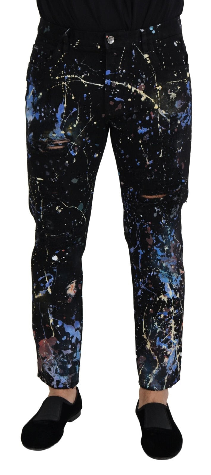 Dolce &amp; Gabbana Black Cotton Color Splash Print Denim Jeans