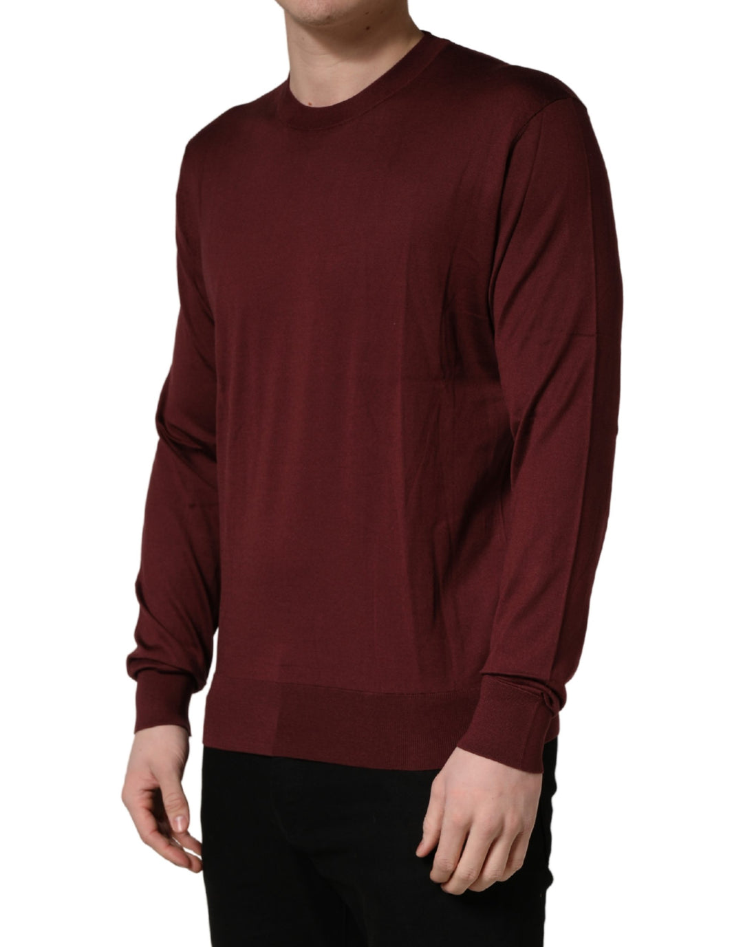 Dolce &amp; Gabbana Maroon Silk Men Crew Neck Pullover Sweater