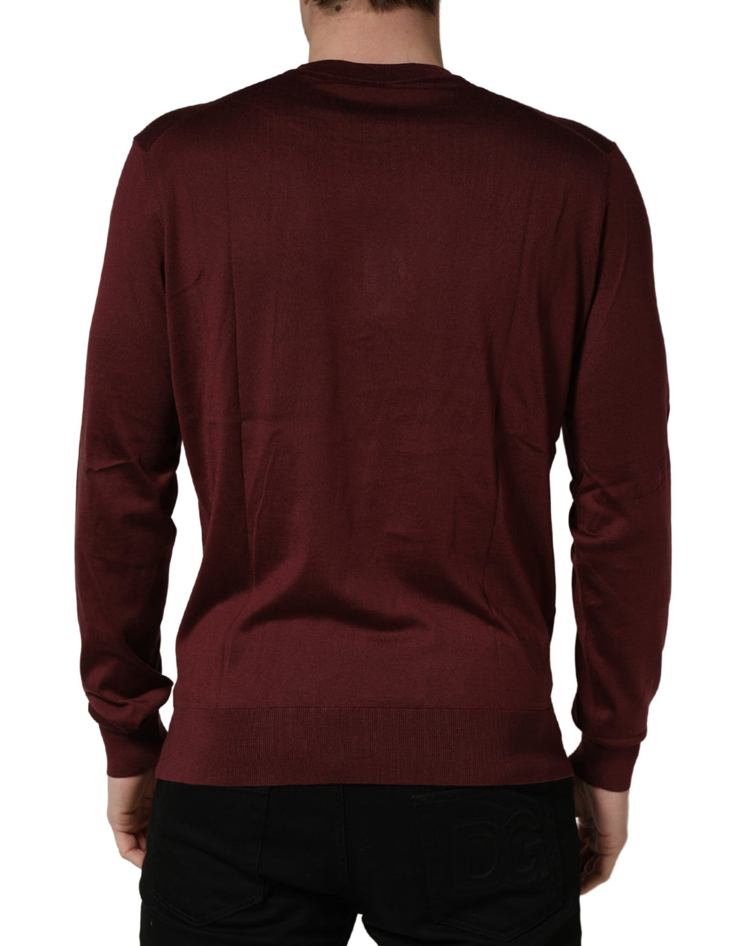 Dolce &amp; Gabbana Maroon Silk Men Crew Neck Pullover Sweater