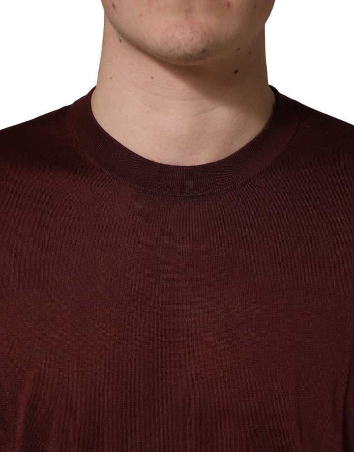 Dolce &amp; Gabbana Maroon Silk Men Crew Neck Pullover Sweater