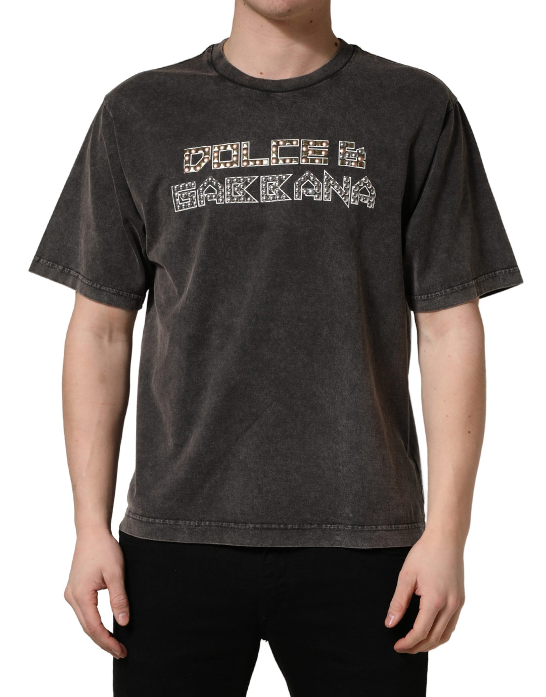 Dolce &amp; Gabbana Gray Logo Embellished Men Crew Neck T-shirt