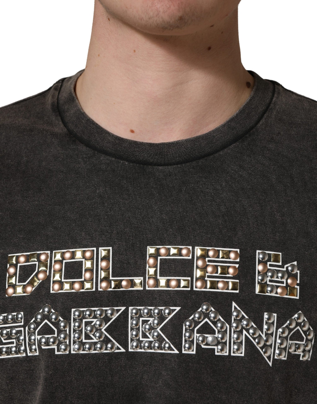 Dolce &amp; Gabbana Gray Logo Embellished Men Crew Neck T-shirt