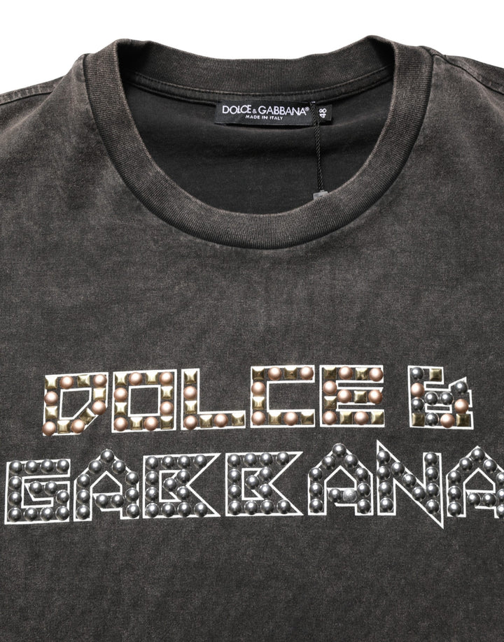 Dolce &amp; Gabbana Gray Logo Embellished Men Crew Neck T-shirt